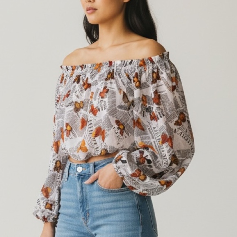 Sheer Chiffon Butterfly newspaper print poof sleeve blouse Boho Festival  Fairy